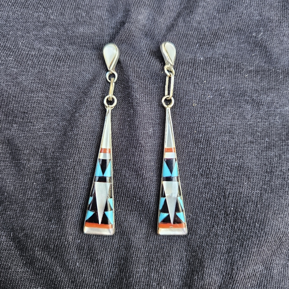 Vintage Zuni Inlaid Sterling Earrings